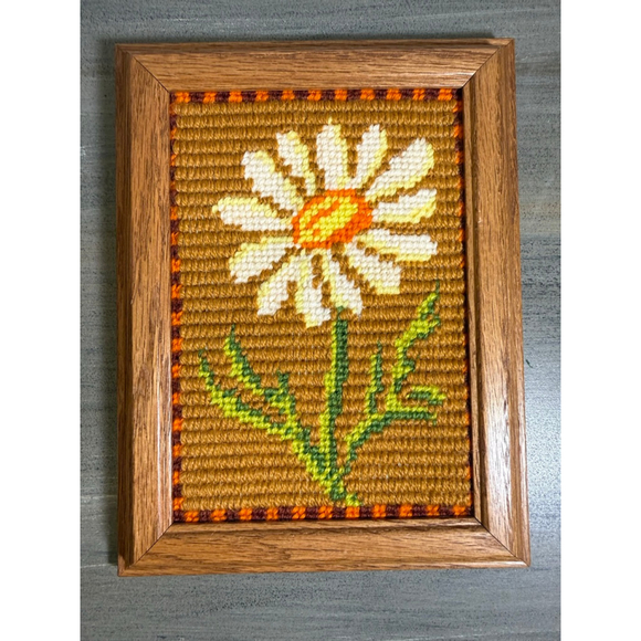 vintage framed needlepoint wall art, the "Daisy" Retro #Grandma Core - Picture 3 of 6